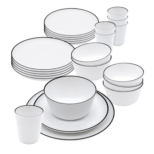 Melamin Campinggeschirr Service 24-teilig - Geschirr Set für 4 Personen - Bruchsicheres und leichtes Geschirr-Set aus Melamin, spülmaschinengeeignet, ideal für Camping, Picknick und Festivals. Enthält Teller, Müslischalen und Becher.