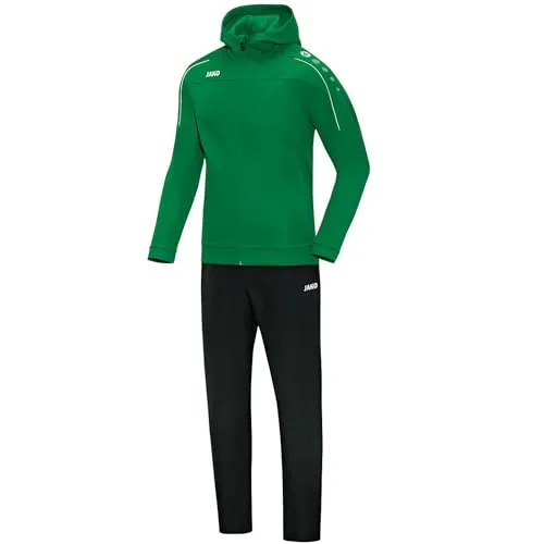 JAKO Kinder Präsentationsanzug Classico mit Kapuze - Sportgrün, Größe 152 - Trainingsbekleidung mit gemütlicher Micro-Fleece Innenseite und praktischen Reißverschlusstaschen, ideal für sportliche Aktivitäten und Freizeit.