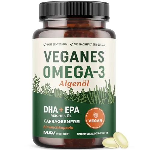 Omega 3 Vegan algenöl hochdosiert – 60 Mini Softgel Kapseln | 1000 mg mit 300 DHA & 150 EPA pro Tagesdosis | Nachhaltig, ohne Gentechnik (Non-GMO), laborgeprüft | Vegan Omega 3 Nahrungsergänzung