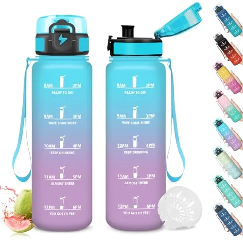 Mujigaga Trinkflasche 1l, Wasserflasche mit Zeitmarkierung, Trinkflasche Auslaufsicher, Sichere Verriegelung, Flasche mit Uhrzeit, Sportflasche 1l Leicht zu Reinigen, für Schule, Büro, Outdoor