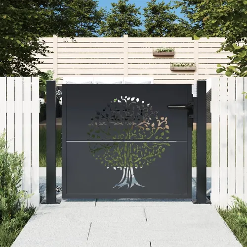 vidaXL Gartentor mit Baum-Design, abschließbar - Zauntor aus robustem Stahl mit einzigartigem lasergeschnittenem Baum-Design, ideal für Sicherheit und Stil in deinem Garten oder auf der Terrasse.