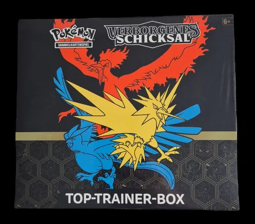 Pokémon - Top Trainer Box Verborgenes Schicksal DE - Sammelkarten-Set mit 10 Booster-Packs und exklusiver holografischer Promokarte. Ideal für Sammler und Spieler, um die Sammlung zu erweitern und die Spielstrategie zu verbessern.