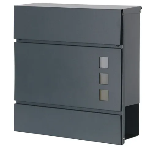 V2Aox Wandbriefkasten Anthrazit mit Zeitungsrolle - Eleganter Wandbriefkasten aus pulverbeschichtetem Stahl mit großem Einwurfschlitz und separatem Zeitungsfach. Ideal für modernes Wohnen und praktische Nutzung.
