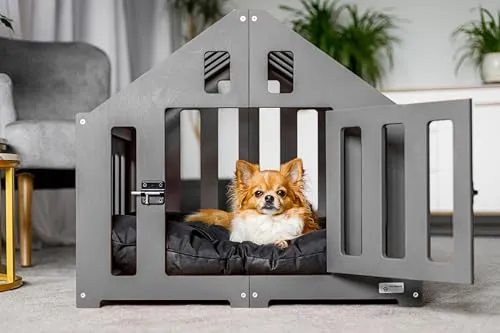 Pet World Design Hundehütte aus Holz - Verschließbare Tierbox für Hunde und Katzen - Hochwertige Hundehütte aus stabilen MDF, ideal für drinnen. Mit Schloss für sicheren Schlafplatz, verfügbar in 4 Farben und 2 Größen. Einfacher Aufbau!