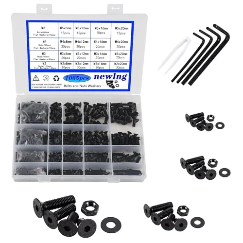 newlng 1065pcs M2 M3 M4 M5 Schrauben Set Kohlenstoffstahl Schwarz Schrauben und Muttern Unterlegscheiben set Senkkopfschrauben mit Schraubenschlüssel