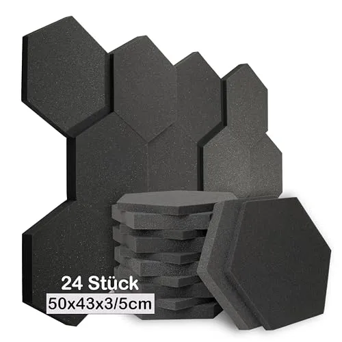 sunnypillow Hexagon Akustikschaumstoff - 24 Stück Schallschutzmatte 50 x 43 x 3/5cm - Effektive Akustikdämmung mit 24 hochwertigen Hexagon-Platten aus schallabsorbierendem Material. Ideal für Studios, Büroräume und mehr. Zertifiziert und schadstoffgeprüft, flammhemmend und sofort einsatzbereit.