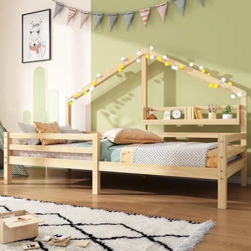 Kinderbett mit Lattenrost und Rausfallschutz, 90x200 cm, Kiefer - Stabiles Kinderbett aus massivem Kieferholz mit Lattenrost und praktischem Rausfallschutz. Ideal für sicheren Schlaf und einfache Montage. Liegefläche 90x200 cm, modernes Design.