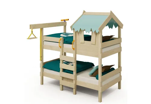 Wickey Kinderbett CrAzY Huggy 90x200 cm – Hochbett mit Rutsche aus Holz – Abenteuerbett (Etagenbett mit Kletterleiter für Kinder), Massivholz