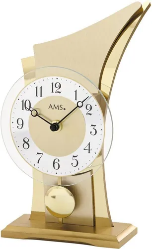 AMS 1137 Pendel-Tischuhr – Elegante Quarz-Uhr mit modernem Design - Stilvolle Tischuhr mit geschwungenem Holzgehäuse und Messing-Applikationen. Ideal für eine exklusive Raumgestaltung und Pflegeleicht dank Mineralglas.