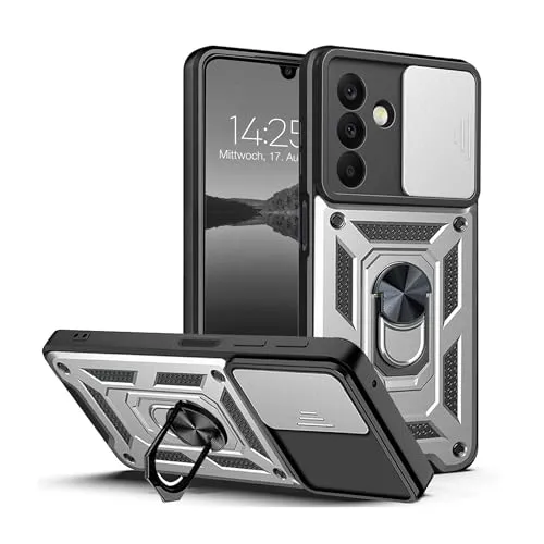 LBH Armor Hülle für Samsung Galaxy A26 5G Case mit Kameraschutz Outdoor Stoßfest Handyhülle 360 Grad Metal Ring Halter Ständer Schutzhülle für Handyhalterung Auto Magnet Silber