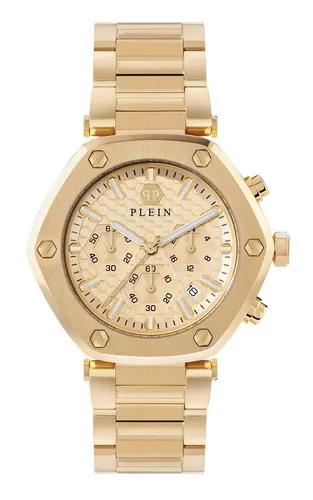 Philipp Plein Herren Uhr The Hexagon Chrono - Elegante Herren Chronograph Uhr aus Edelstahl, goldfarben mit 42 mm Gehäuse. Stilvolles Zifferblatt und komfortables Edelstahlarmband mit Faltschließe, perfekt für besondere Anlässe.