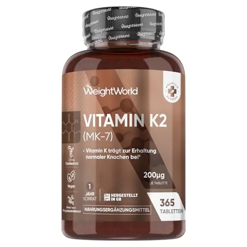 Vitamin K2 MK7 - Als Menachinon - 365 vegane Tabletten - 200µg je Tagedosis - Vitamin K trägt zur Erhaltung normaler Knochen bei (EFSA) - 1 Jahr Vorrat - K2 Vitamin von WeightWorld