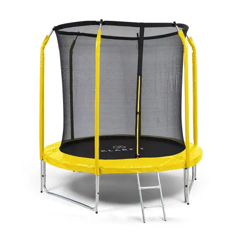 Klarfit Kinder Trampolin Indoor/Outdoor - Sicheres Spaßspringen für Kinder ab 5 Jahren - Trampolin für Kinder mit Sicherheitsnetz, Leiter und Randabdeckung. Ideal für drinnen und draußen, fördert Bewegung und motorische Fähigkeiten, max. Tragkraft 120 kg.