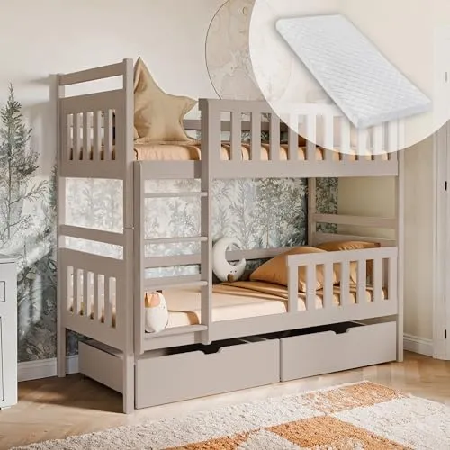 Platzsparendes Etagenbett für Kinder 90x200 cm - Hochwertiges Kinderbett mit 2 Matratzen und Schubladen, sicherer Rausfallschutz und umbaubar in zwei Einzelbetten – ideal für kleine Zimmer und maximalen Komfort.
