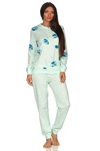 Eleganter Damen Pyjama Schlafanzug Langarm mit Bündchen und Blumenprint - 291 201 90 193, Farbe:helltürkis, Größe2:48/50