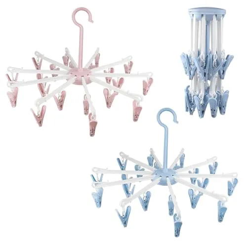 XZMCAT 2 Stück Sockentrockner, Sockenhalter Wäscheständer Faltbar mit 40 Clips, Sockenaufhänger Wäscheständer, Anti-Rutsch Trockenkarussell für Socken, Unterwäsche, Haushalt, Reise (Rosa & Blau)