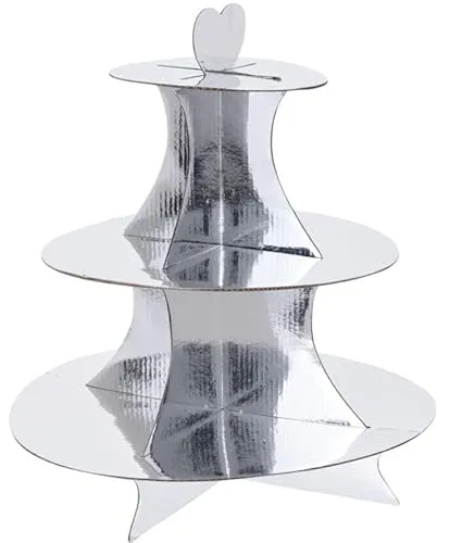 Spetebo Karton Etagere 34 x 30 cm mit 3 Ablagen - Silber - Servierplatte mit Herz Tragegriff - Dessert Muffin Cupcake Kuchen Platte Servier Papp Ständer