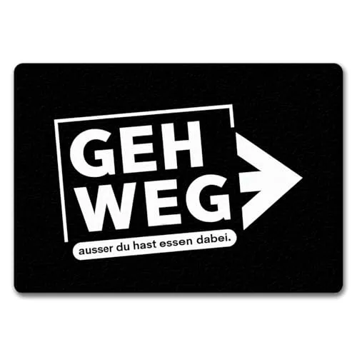 speecheese GEH WEG Fußmatte 35x50 cm – Lustige Schmutzfangmatte für humorvolle Eingänge - Humorvolle Fußmatte mit frechem Design: 'GEH WEG – ausser du hast Essen dabei'. Ideal für drinnen und draußen, sorgt für Lacher und ist perfekt als Geschenk. Rutschfeste Gummiunterseite für sicheren Halt und langlebige Qualität.