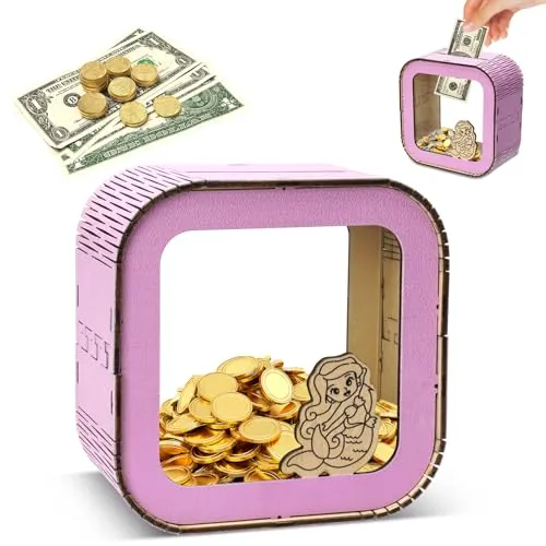 Spardose für Kinder, hölzerne Sparschweine für Mädchen Jungen DIY Sparbüchse,13 x 13 cm, Rosa