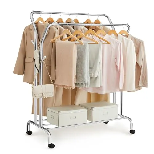 Songmics Kleiderständer mit Rollen - Flexibel und Praktisch - Kleiderständer & Garderobenständer mit ausziehbarer Stange, ideal für platzsparende Aufbewahrung und leicht zu bewegen dank 360° drehbaren Rollen.