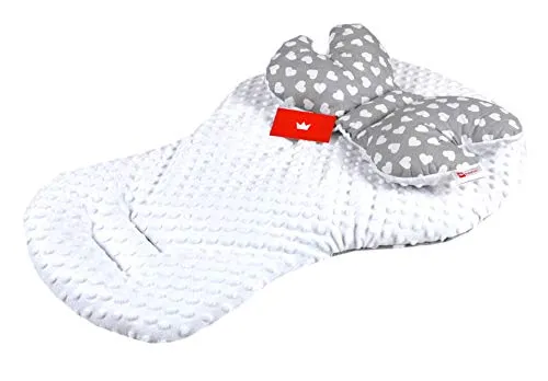 BABYLUX Kinderwagen SITZAUFLAGE Kissen Gurtschoner f. Buggy Autoschale Einlage (7. Weiß + Herzen, 2 Tlg Sitzauflage + Kissen)