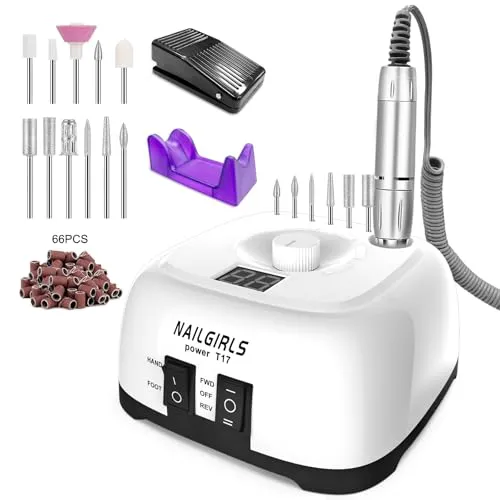 NAILGIRLS 11 in 1 Nagelfeile Elektrisch für Gelnägel - Professioneller elektrischer Nagelfräser mit 11 Zubehörteilen, 35000 U/Min und ergonomischem Design, ideal für präzise Maniküre und Pediküre zu Hause oder im Studio.