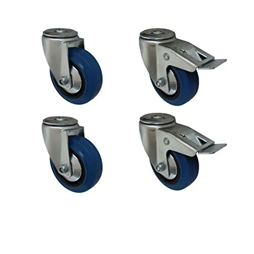 Set 100 mm Blue Wheels Elastik Rad Rolle 2x als Lenkrolle mit Totalstop + 2 als Lenkrolle Rückenlochbefestigung