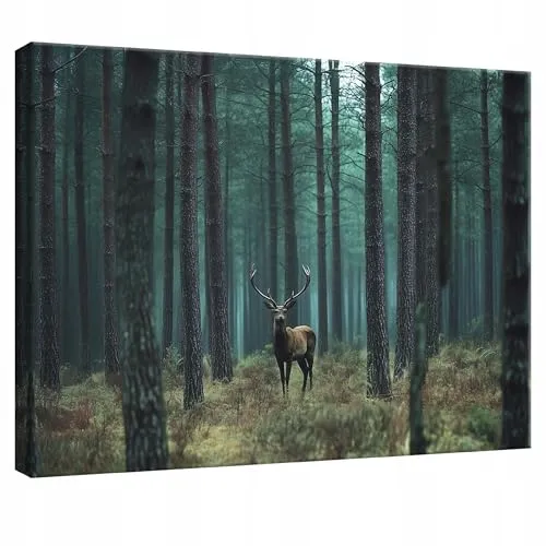 WallArena - Leinwand Bilder Wald Landschaft - 120x80 cm Leinwandbilder - Bild auf leinwand - Wandbild XXL groß Wandbilder für Wohnzimmer Schlafzimmer Wohnzimmerbilder Modern kunstdruck - Hirsch TIere