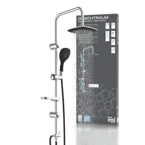 EISL Duschsystem DUSCHTRAUM, verchromt / schwarz - Einbauduschköpfe mit Ø 20,3 cm Kopfbrause für üppigen Brauseregen, höhenverstellbar und mit 3 Strahlarten für individuellen Duschkomfort.