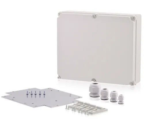 Industriegehäuse 460x380x120mm IP65 Montageplatte & Kabelverschraubungen