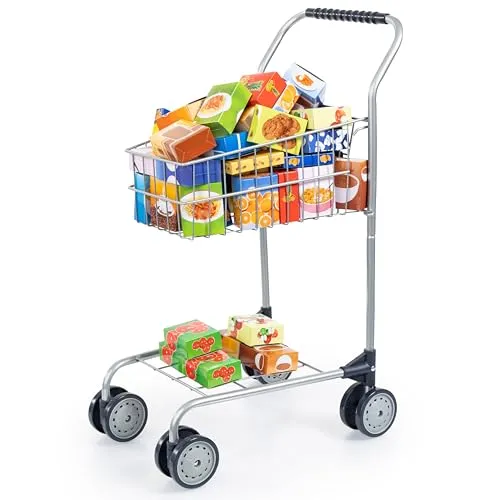 Bayer Design Einkaufswagen mit Inhalt - Kaufläden & Zubehör – Stabiler Einkaufswagen mit schwenkbaren Doppelrädern und Puppensitz für ein realistisches Einkaufserlebnis, inklusive Spiellebensmittel für kreatives Spielen.