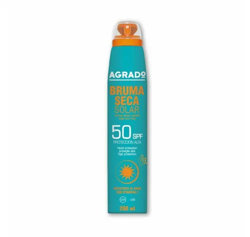 Agrado Trockener Sonnennebel 50 SPF - Sonnenschutzmittel mit Lichtschutzfaktor 50, wasserbeständig und ideal für empfindliche Haut. Schnelle Absorption für optimalen Schutz im Freien.