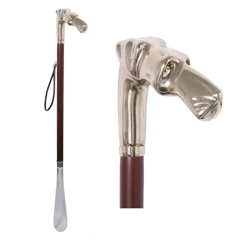 DELFA Design Schuhanzieher Schuhlöffel 70 cm mit Hundekopf als Griff - brauner Holzschaft mit Schlaufe - die elegante Anziehhilfe