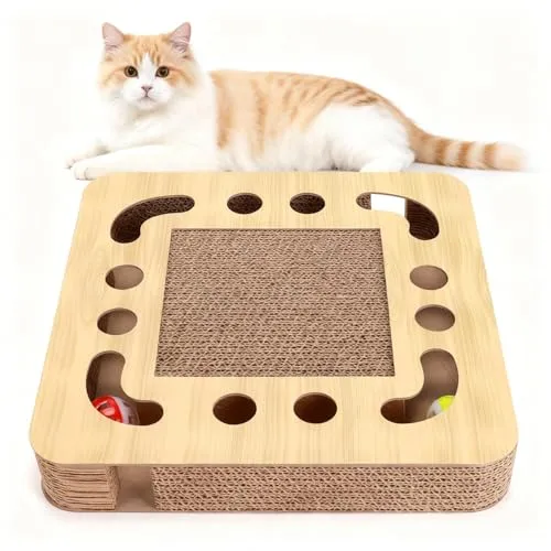 Nobleza - Kratzbrett Katzen, widerstandsfähig Katzenkratzbrett mit Ballspielzeug, Kratzmöbel aus hochwertiger Karton, 33 * 33 * 5cm, Quadratisches 2-in-1 Katzenkratzbrett