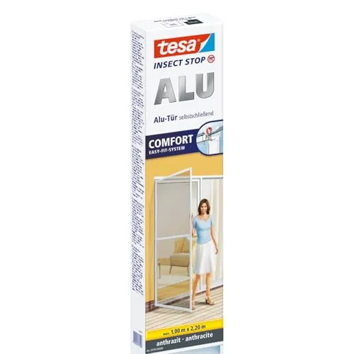 tesa Alu Comfort Insektenschutz-Tür 100x220 cm - Anthrazit - Fliegengitter mit robustem Aluminiumrahmen, idealer Schutz gegen Insekten für Türen, ermöglicht eine luftige Atmosphäre ohne ungebetene Gäste.