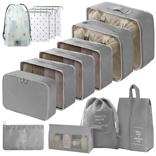 Gemtte Koffer Organizer Set, 14 Stück Wasserdicht Packing Cubes, Multifunktionale Travel Packwürfel, Kofferorganizer Packtaschen für Koffer, Reise Organizer Set Mit Kleidertaschen (Grau)