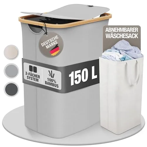 Wäschekorb 150L mit 2 Deckeln und 2 Fächern – Faltbarer Wäschesammler aus Bambus-Stoff Hellgrau – Wäschebox, Wäschetruhe, Wäschebehälter, Wäschetrenner für Bad, Schlafzimmer & Waschküche