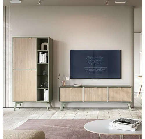 Lomadox Wohnwand FAREHAM-160, eukalyptusfarben mit Fischgrätenmuster - Moderne Wohnwand für Unterhaltungselektronik, stilvolles Design mit goldfarbenen Metallgriffen und hochwertiger Optik in grün. Ideal für Ihr Wohnzimmer!