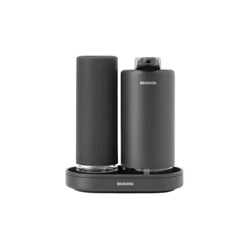 Brabantia Seifen- und Spülmittelspender-Set - Stilvolles Set mit 2 Spendern und Tablett aus Metall in Mineral Infinite Grau, ideal für eine ordentliche und ansprechende Küchendekoration.