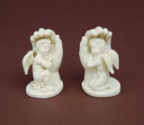 Engel schlafend in Händen 2er Set Polystein cremfarbig H 6,5 cm Geburt Taufe Trauer Konfirmation Kommunion 1812-20126