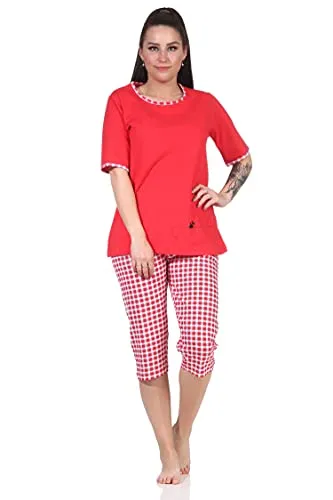 Damen Kurzarm Capri Schlafanzug mit süßen Katzen Motiv und 3/4-langer Karo Jersey Hose, Farbe:rot, Größe:44-46