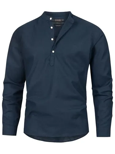 Indicode Herren Waylon Hemd mit V-Ausschnitt aus Leinen-Baumwolle Mischung | Herrenhemd für Männer Navy, XL