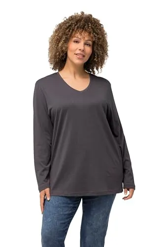 Ulla Popken Damen große Größen Übergrößen Plus Size Shirt, V-Ausschnitt, Relaxed, Langarm Graphitgrau 50+ 725334110-50+
