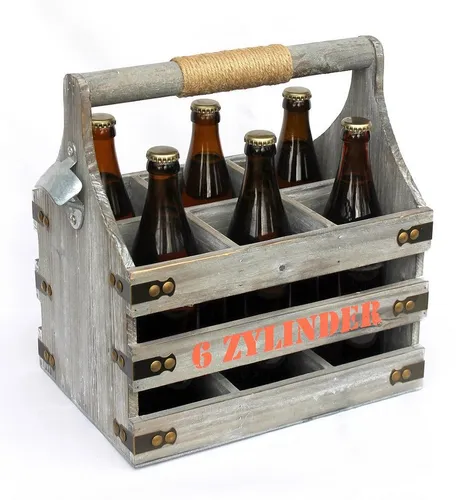 DanDiBo Getränkespender Bierträger 6 Zylinder - Robuster Flaschenträger aus Holz für bis zu 6 Bierflaschen, inklusive Flaschenöffner und dekorativer Aufschrift. Ideal für Partys oder als Geschenk.
