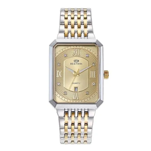 JewelryWe Uhren Herren Edelstahl Rechteckig: 30m wasserdichte Kalender Analog Quarz Armbanduhr Herrenuhr Edelstahl Band Geschäft Lässige Uhr mit Gold Strass Römischen Zahlen Rechteck Zifferblatt