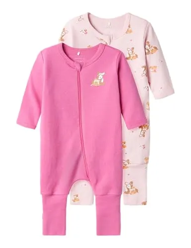 NAME IT Baby Mädchen Nbfnightsuit 2p Zip Ff Rose Bambi - Schlafstrampler für Baby-Mädchen mit wiederholtem Print, Umschlagbündchen für warme Füße und Reißverschlussschutz zum Schutz der Haut.