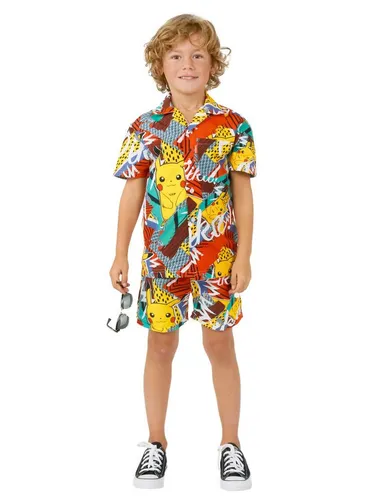 Opposuits Partyanzug Sommer Kombi Boys Pika Pikachu - Stylisches Set mit Hemd und Shorts für kleine Pokémon-Fans. Perfekt für Beachpartys und Sommerausflüge, mit praktischem Kordelzug und Taschen. Material: 100% Polyester.