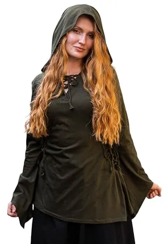 Leonardo Carbone® Damen Bluse Geschnürtes Oberteil Lea mit Kapuze | Mittelalterliche Eleganz in Olive XL