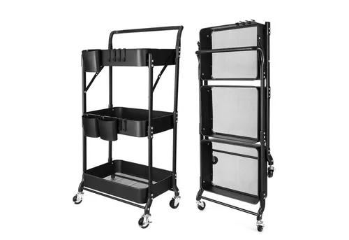 HomeGuru Beistellwagen 3 Etagen, klappbar - Beistellwagen aus Metall, faltbar und stabil mit großer Speicherkapazität, ideal für Küche und Wohnzimmer.
