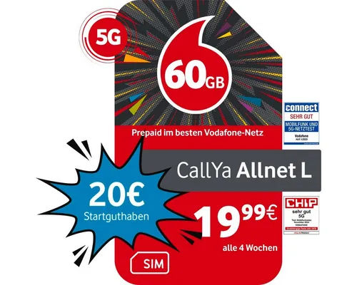 Produktbild Vodafone Prepaid CallYa L, 60 GB statt 35 GB, 20 EUR Prepaidkarte
